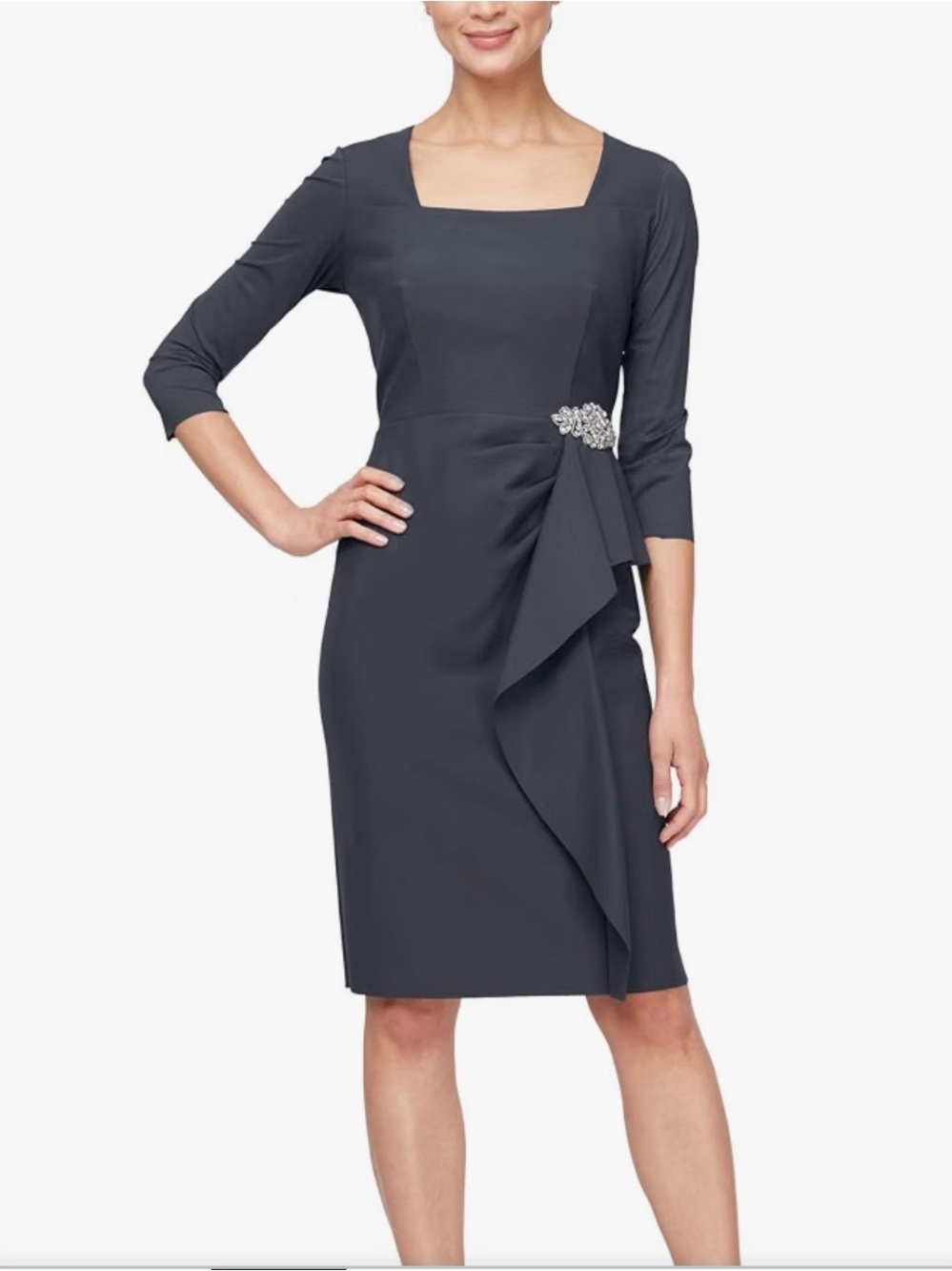 Alex Evenings Elegant Square-Neck Charcoal Sheath Dress with Embellished Waist